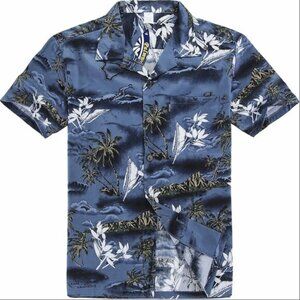 PalmWave Vintage Men's Hawaiian Palm Tree Waves Holiday Resort Aloha Shirt 2XL